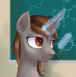 Size: 1129x1141 | Tagged: safe, artist:evescintilla, derpibooru import, oc, oc:cors recluse, unicorn, academy, bust, chalkboard, chemistry, glowing horn, magic, portrait, school, telekinesis