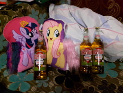 Size: 4608x3456 | Tagged: safe, derpibooru import, fluttershy, twilight sparkle, twilight sparkle (alicorn), alicorn, alcohol, beer, drink, irl, photo, pillow, waifu dinner