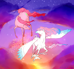 Size: 2850x2666 | Tagged: safe, artist:ashleeritson, derpibooru import, part of a set, skywishes, star catcher, butterfly, earth pony, horse, pegasus, pony, g3, cloud, female, flying, lesbian, looking at each other, mare, night, shipping, sky, skycatcher, unshorn fetlocks