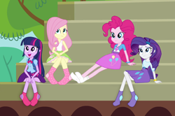 Size: 1160x771 | Tagged: safe, derpibooru import, editor:grapefruitface, fluttershy, pinkie pie, rarity, twilight sparkle, equestria girls, clothes, sitting, socks