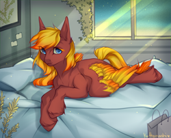 Size: 1900x1535 | Tagged: safe, artist:kottonashi, derpibooru import, oc, oc only, oc:himitsu chan, pegasus, pony, bed, digital art, female, looking at you, mare, morning, pillow, signature, solo, ych result