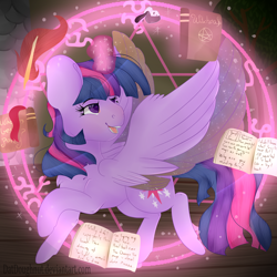 Size: 2000x2000 | Tagged: safe, artist:datdoughnut, twilight sparkle, twilight sparkle (alicorn), alicorn, pony, book, glowing horn, magic, magic circle, solo, spread wings