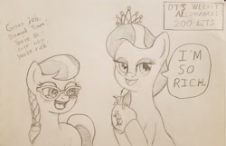Size: 1964x1266 | Tagged: safe, derpibooru import, diamond tiara, silver spoon, earth pony, pony, /mlp/, bits, blushing, braid, description is relevant, dialogue, drawthread, female, filly, glasses, heart, heart eyes, hoof hold, miss kobayashi's dragon maid, ponified, request, speech bubble, traditional art, wingding eyes