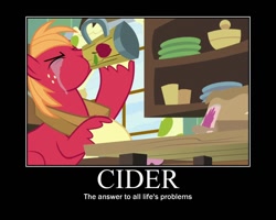 Size: 750x600 | Tagged: safe, derpibooru import, edit, edited screencap, screencap, big macintosh, earth pony, pony, the break up breakdown, cider, crying, drinking, eyes closed, hoof hold, male, motivational poster, mug, solo, stallion, tankard