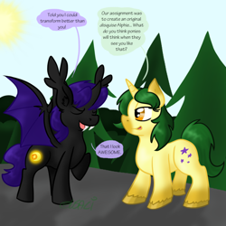 Size: 1024x1024 | Tagged: safe, artist:usagi-zakura, oc, oc only, oc:alphaeus, oc:mellifera, bat pony, changeling, pony