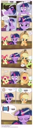 Size: 3419x13154 | Tagged: safe, artist:perfectblue97, derpibooru import, apple bloom, applejack, granny smith, twilight sparkle, earth pony, pony, comic:without magic, absurd resolution, bed, biscuits, blank flank, comic, earth pony twilight, gravy, pillow, sweet apple acres