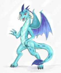 Size: 1017x1205 | Tagged: safe, artist:testostepone, princess ember, dragon, colored sketch, looking at you, simple background, solo, waving