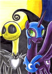 Size: 1653x2338 | Tagged: safe, artist:bbqninja501st, nightmare moon, christmas, crossover, implied shipping, jack skellington, the nightmare before christmas, traditional art