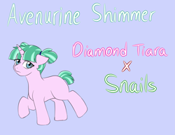 Size: 2893x2229 | Tagged: safe, artist:jolliapplegirl, derpibooru import, oc, oc:aventurine shimmer, unicorn, bio, blank flank, female, filly, next generation, parent:diamond tiara, parent:snails, parents:diamondsnail, solo