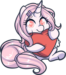 Size: 1411x1603 | Tagged: safe, artist:xwhitedreamsx, oc, oc only, oc:blending heart, pony, unicorn, colored pupils, cute, female, heart, heart pillow, mare, pillow, simple background, sitting, solo, transparent background, underhoof