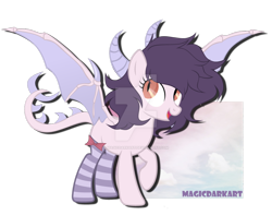 Size: 1024x806 | Tagged: safe, artist:magicdarkart, derpibooru import, oc, oc only, dracony, hybrid, clothes, female, simple background, socks, solo, striped socks, transparent background, watermark