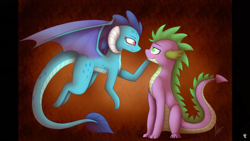 Size: 1920x1080 | Tagged: safe, artist:magicalbrownie, princess ember, spike, dragon, emberspike, male, older spike, shipping, sitting, straight, teenage spike