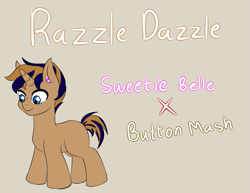 Size: 2893x2229 | Tagged: safe, artist:jolliapplegirl, derpibooru import, oc, oc:razzle dazzle, unicorn, bio, colt, deaf, hearing aid, male, next generation, offspring, parent:button mash, parent:sweetie belle, parents:sweetiemash, solo