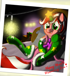 Size: 2752x2964 | Tagged: safe, artist:nuxersopus, oc, oc only, pony, unicorn, bow, christmas, clothes, present, socks, solo, tongue out