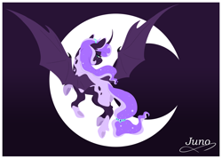 Size: 1600x1145 | Tagged: safe, artist:torusthescribe, derpibooru import, oc, oc:juno, alicorn, bat pony, bat pony alicorn, crescent moon, female, flying, moon, offspring, parent:princess luna, solo