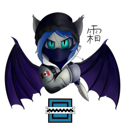 Size: 2500x2500 | Tagged: safe, artist:lunar froxy, derpibooru import, oc, oc only, oc:lunar frost, bat pony, bust, canadian, canadian flag, chinese, crossover, frost, jtf 2, knife, logo, male, rainbow six siege, simple background, solo, stallion, transparent background