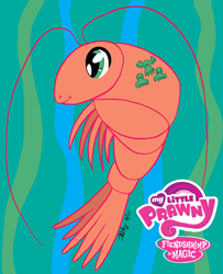 Size: 648x800 | Tagged: safe, artist:the-gneech, derpibooru import, edit, shrimp, abstract background, logo, logo edit, my little x, pun, smiling, species swap