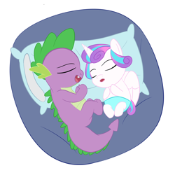 Size: 1700x1700 | Tagged: safe, artist:toughbluff, princess flurry heart, spike, alicorn, dragon, pony, cousins, cute, diaper, duo, eyes closed, female, filly, flurrybetes, male, pillow, sleeping, spikabetes