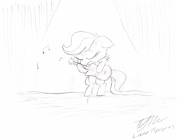 Size: 5330x4207 | Tagged: safe, artist:loosepopcorn, derpibooru import, scootaloo, absurd resolution, bass guitar, commission, convention art, musical instrument, pencil drawing, sad, scootabass, sketch, solo, traditional art