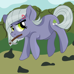 Size: 3000x3000 | Tagged: safe, artist:rainbowtashie, derpibooru import, limestone pie, earth pony, pony, agitated, angry, cross-popping veins, frustrated, looking at you, pickaxe, raised hoof, simple background, solo