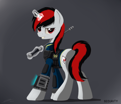 Size: 3264x2800 | Tagged: safe, artist:avastin4, derpibooru import, oc, oc only, oc:blackjack, pony, unicorn, fallout equestria, fallout equestria: project horizons, clothes, fanfic, fanfic art, female, glowing horn, hooves, horn, looking back, magic, mare, pipbuck, solo, telekinesis, vault security armor, vault suit