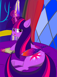 Size: 2580x3500 | Tagged: safe, artist:l-pastellepink-l, twilight sparkle, twilight sparkle (alicorn), alicorn, pony, book, colored wings, colored wingtips, high res, magic, multicolored wings, on side, open mouth, solo, surprised, underhoof