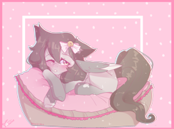 Size: 2102x1556 | Tagged: safe, artist:emily-826, derpibooru import, oc, oc:kitty, pegasus, pony, female, mare, one eye closed, pillow, prone, solo