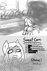 Size: 3200x4820 | Tagged: safe, artist:spheedc, derpibooru import, oc, oc:sweet corn, earth pony, pony, clothes, digital art, female, grayscale, mare, monochrome, onomatopoeia, rpg, solo, stats, tire tracks