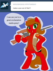 Size: 638x854 | Tagged: safe, artist:zombiethegreat, derpibooru import, oc, oc:pun, earth pony, pony, ask, ask pun, bipedal, blue background, clothes, cutie mark, female, gun, hooves, looking at you, mare, optical sight, pun, rifle, shirt, simple background, sniper rifle, solo, vest, weapon