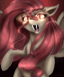 Size: 1000x1200 | Tagged: safe, artist:fanaticpanda, derpibooru import, fluttershy, bat pony, pony, fangs, flutterbat, glowing eyes, looking at you, race swap, solo