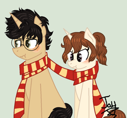 Size: 870x806 | Tagged: safe, artist:jaythecatlover, artist:tech-kitten, pony, unicorn, base used, blushing, clothes, female, harry potter, hermione granger, male, mare, ponified, scarf, scrunchy face, shared clothing, shared scarf, simple background, sitting, stallion, starry eyes, wingding eyes