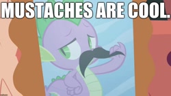 Size: 1280x720 | Tagged: safe, derpibooru import, edit, edited screencap, editor:useraccount, screencap, spike, dragon, boast busters, facial hair, image macro, male, meme, mirror, moustache, reflection, solo, truth