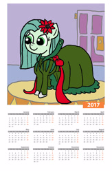 Size: 1600x2450 | Tagged: safe, artist:ficficponyfic, color edit, edit, edited edit, oc, oc only, oc:emerald jewel, alternate color palette, bow, calendar, clothes, color, colored, colt, colt quest, crossdressing, cute, cyoa, door, drag queen, dress, femboy, flower, flower in hair, male, ribbon, shoes, solo, text, trap