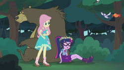 Size: 2208x1242 | Tagged: safe, derpibooru import, screencap, constance, fluttershy, harry, sci-twi, twilight sparkle, bear, bird, better together, equestria girls, stressed in show, stressed in show: fluttershy, boots, bowtie, chickadee (bird), clothes, cute, dress, eyes closed, floral head wreath, flower, geode of telekinesis, glasses, magical geodes, mud, muddy, open mouth, ponytail, shoes, shyabetes, skirt, sleeping, songbird, tree, twiabetes, woodpecker