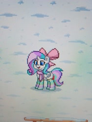 Size: 3120x4160 | Tagged: safe, oc, oc only, oc:sumistrawberry, absurd resolution, bow, clothes, hair bow, pony town, scarf, socks, solo, striped socks