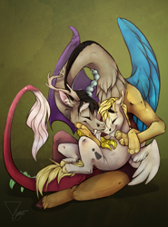 Size: 1024x1384 | Tagged: safe, artist:casynuf, discord, oc, oc:exist, pegasus, pony, canon x oc, gay, male, shipping, snuggling