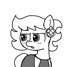 Size: 640x600 | Tagged: safe, artist:ficficponyfic, oc, oc only, oc:ruby rouge, earth pony, pony, belt, blushing, child, clothes, colt quest, crossdressing, dress, ear piercing, earring, female, filly, foal, frown, irritated, jewelry, knife, monochrome, piercing, solo, story included, tsundere