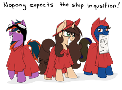 Size: 2300x1700 | Tagged: safe, artist:drawing-heart, oc, oc only, oc:drawing heart, cape, clothes, glare, goggles, grin, hat, heart, hood, jewelry, looking at you, monty python, mouth hold, necklace, raised eyebrow, raised hoof, shipper on deck, simple background, smiling, smirk, spanish inquisition, transparent background