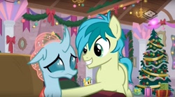 Size: 1673x929 | Tagged: safe, derpibooru import, screencap, ocellus, sandbar, changedling, changeling, earth pony, pony, the hearth's warming club, boomerang (tv channel), cute, diaocelles, duo, female, hearth's warming tree, male, sandabetes, smiling, teenager