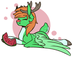 Size: 1024x795 | Tagged: safe, artist:ak4neh, derpibooru import, oc, oc only, oc:windy whirls, deer, original species, peryton, abstract background, eating, food, happy, male, simple background, solo, transparent background, watermelon, ych result