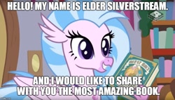 Size: 866x500 | Tagged: safe, derpibooru import, edit, edited screencap, screencap, silverstream, hippogriff, the hearth's warming club, book, bookworm, bronybait, female, image macro, meme, the book of mormon