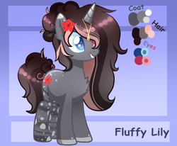 Size: 1456x1200 | Tagged: safe, artist:sugaryicecreammlp, derpibooru import, oc, oc only, oc:fluffy lily, pony, unicorn, adopted, base used, digital art, ear fluff, female, flower, flower in hair, freckles, heterochromia, mare, reference sheet, solo