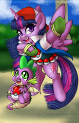 Size: 990x1530 | Tagged: safe, artist:bumblebun, derpibooru import, spike, twilight sparkle, twilight sparkle (alicorn), alicorn, dragon, pony, clothes, costume, female, male, mare, pokéball, pokémon, winged spike