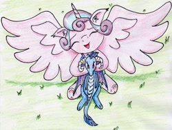 Size: 2441x1850 | Tagged: safe, artist:40kponyguy, derpibooru exclusive, princess ember, princess flurry heart, alicorn, dragon, pony, cute, dragoness, ear fluff, eyes closed, female, floppy ears, flurrybetes, laughing, plushie, solo, spread wings, traditional art, wings