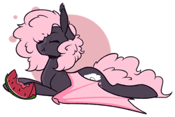 Size: 1024x690 | Tagged: safe, artist:ak4neh, derpibooru import, oc, oc only, oc:bubblegum rain, bat pony, pony, :t, abstract background, cute, drool, ear tufts, eating, eyes closed, female, food, happy, mare, ocbetes, prone, simple background, smiling, solo, spread wings, transparent background, watermelon, wings, ych result