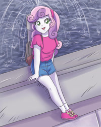 Size: 2598x3248 | Tagged: safe, artist:sumin6301, derpibooru import, sweetie belle, equestria girls, backpack, clothes, female, fountain, looking at you, open mouth, shoes, shorts, sitting, smiling