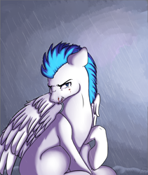 Size: 1642x1942 | Tagged: artist needed, safe, derpibooru import, oc, oc only, oc:bloodray, pegasus, pony, blood, male, rain, sad, solo