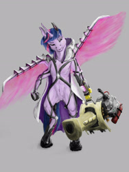 Size: 2074x2765 | Tagged: safe, artist:mackeroth, twilight sparkle, twilight sparkle (alicorn), alicorn, cyborg, pony, unicorn, amputee, augmented, bipedal, boots, cloak, clothes, exosuit, featureless crotch, laser, muscles, prosthetic limb, prosthetic wing, prosthetics, scarred, simple background, solo