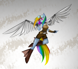 Size: 1280x1129 | Tagged: safe, artist:alidraws, derpibooru import, rainbow dash, anthro, unguligrade anthro, artificial wings, augmented, clothes, female, goggles, mechanical wing, solo, steampunk, wings