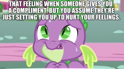 Size: 1280x720 | Tagged: safe, derpibooru import, spike, dragon, fixed, grin, image macro, low self esteem, meme, nervous, nervous grin, sad, scared, smiling, that feel